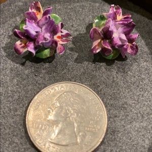 Vintage bone china purple flower clip on earrings